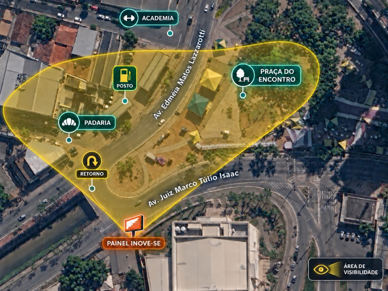 Mapa da localização e da área de visibilidade do Painel Inove-se próximo à Praça do Encontro, em Betim
